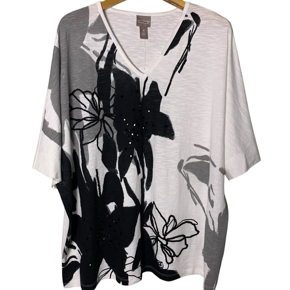 Chico's Top NWT Women's Size 4 (2X) Spring Flower Hi Low 3/4 Sleeve Monochrome